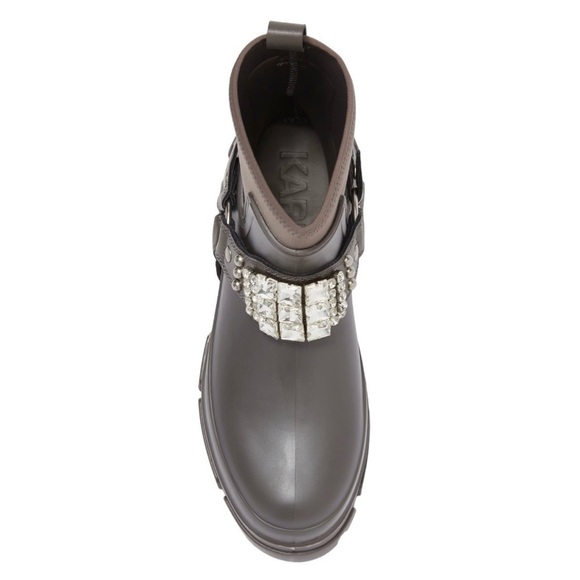 New In Box KARL LAGERFELD PARIS Rylie Crystal Studded Lug Boots Sz 6 Anthracite - Picture 4 of 5
